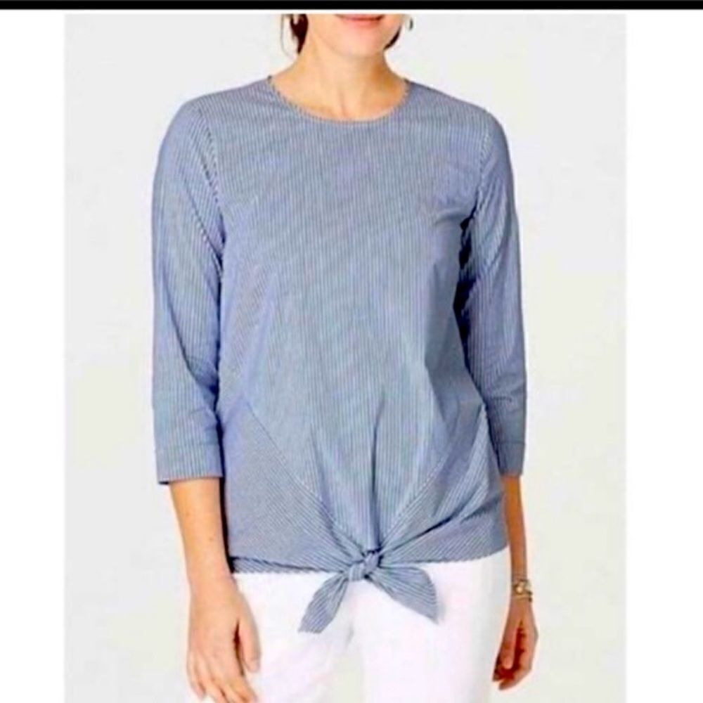 ‎J. Jill Blue & White Striped Tie Front Shirt - S